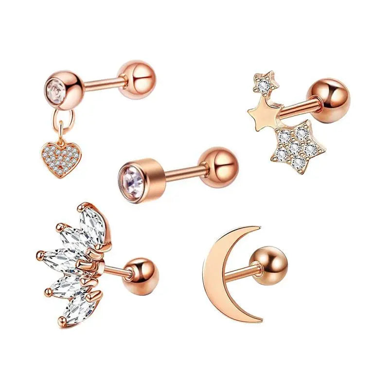 5PCS Heart Tragus Piercing Stud Earring Set | Small Lobe Stud Earrings Cartilage Piercing Helix Jewelry Barbell Stud Piercing Lot