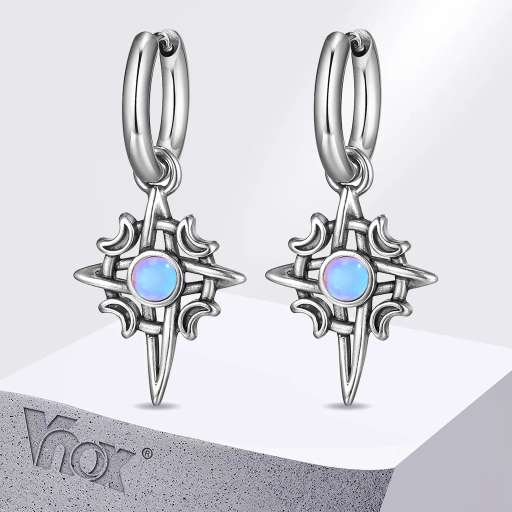 Stainless Steel Star and Moon Stone Earrings | Unisex Hoop Earrings Gift
