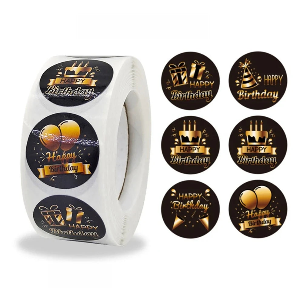 100-500pcs Black Gold Happy Birthday Stickers | Round Party Stickers for Gift Bags and Cards