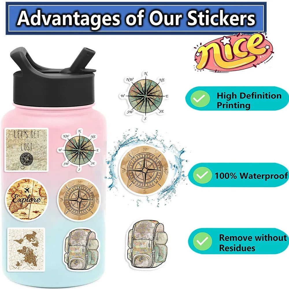 50 Pcs Travel Clock Map Graffiti Stickers | Waterproof Decals for Bike Laptop Pencil Case