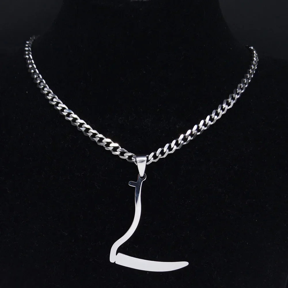 Silver Grim Reaper Sickle Pendant Necklace | Punk Stainless Steel Jewelry for Women