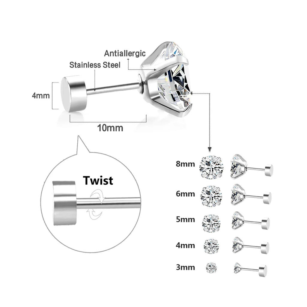 Surgical Steel Cubic Zirconia Stud Earrings | Unisex Screw-Back Earrings