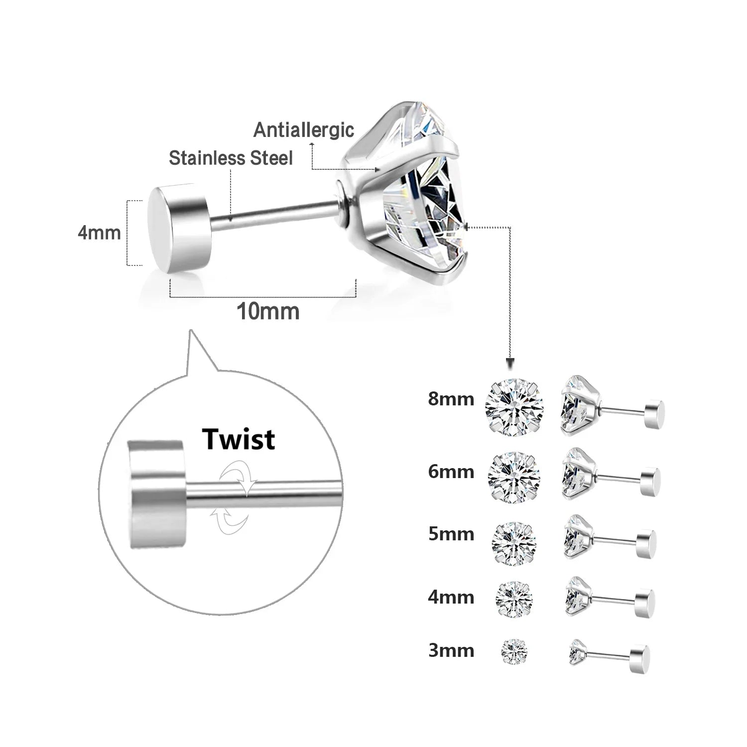 Surgical Steel Cubic Zirconia Stud Earrings | Unisex Screw-Back Earrings
