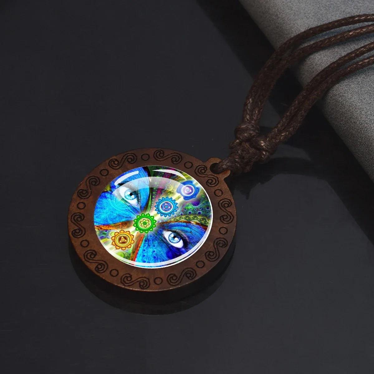 7 Chakra Symbol Glass Wood Pendant Necklace | Unisex Yoga Meditation Jewelry