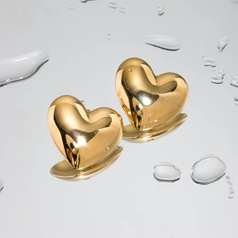18K Gold Plated Stainless Steel Heart Stud Earrings | Smooth & Waterproof Jewelry Gift