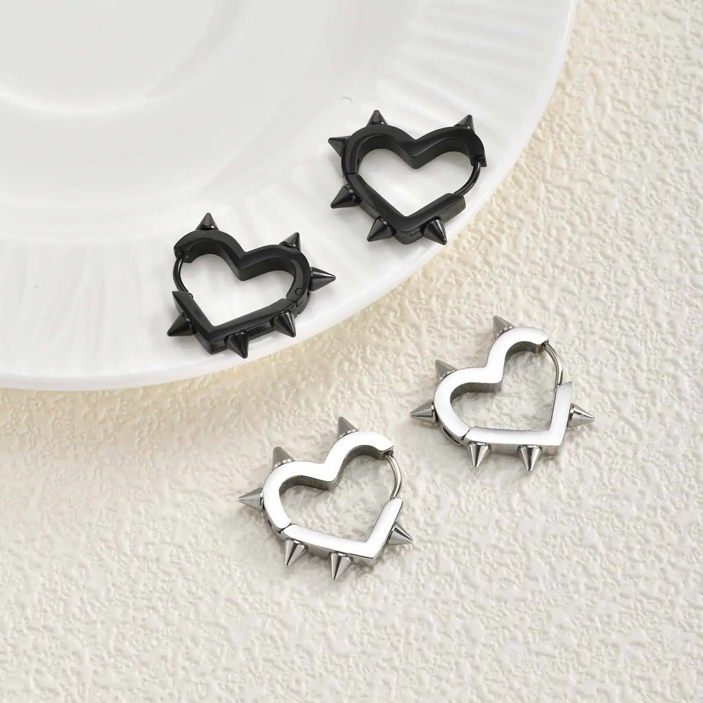 Exaggerated Spike Rivet Heart Stud Earrings | Stainless Steel Goth Punk Jewelry