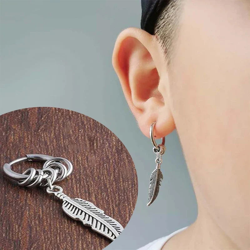 2pc Punk Cross Feather Stud Earrings | Unisex Stainless Steel Hoop Earrings