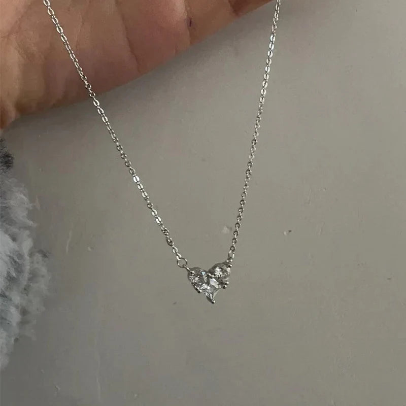 Silver Color Zircon Heart Necklace | Women's Shiny Clavicle Chain Jewelry