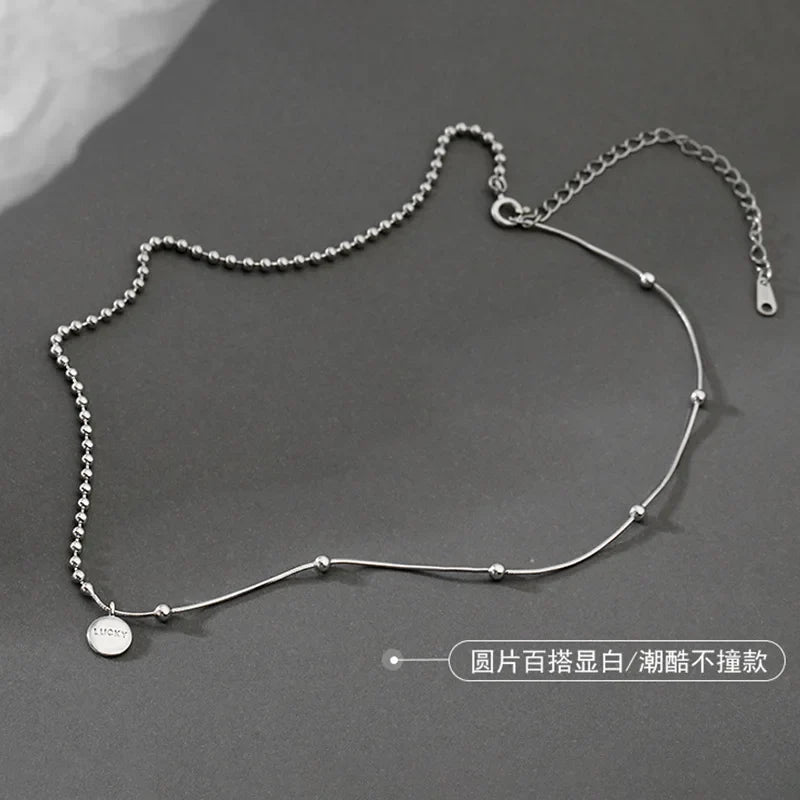 40CM 925 Sterling Silver Snake Chain Necklace | Lucky Round Card Pendant for Women