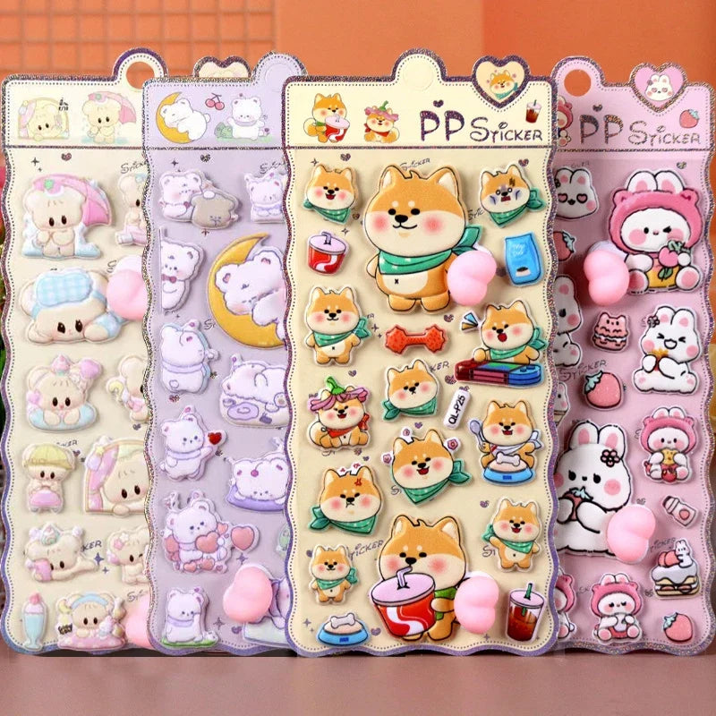 3D Cartoon Stress Relief Stickers | Soft PP Rabbit Bear Dog Decor