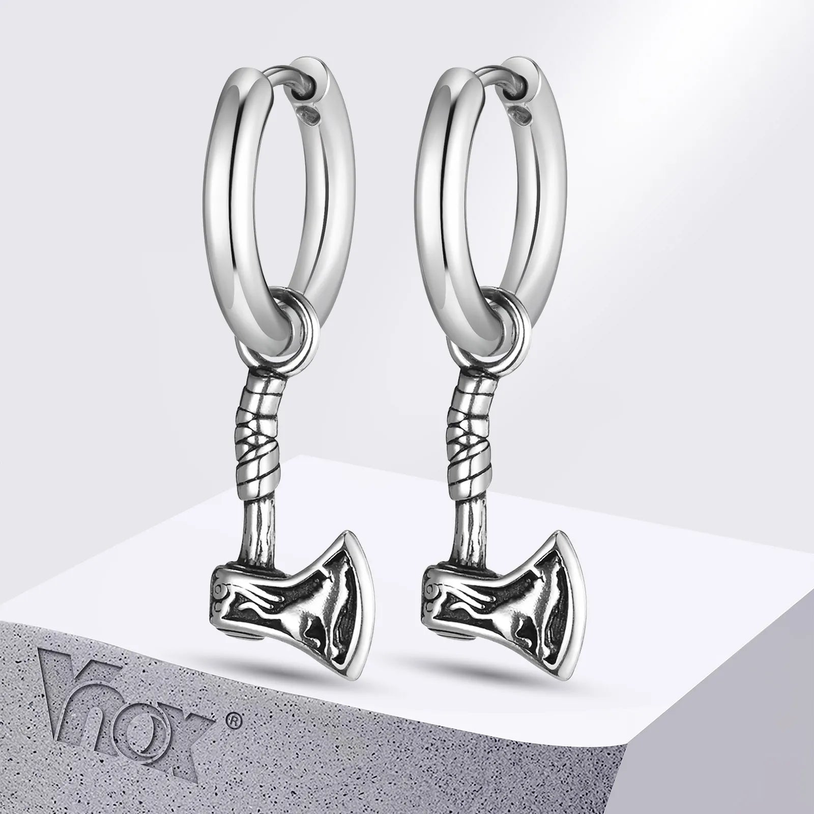 VNOX Viking Axe Hoop Earrings | Stainless Steel Men's Drop Dangle Earrings