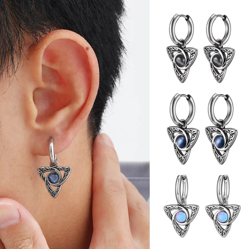 Geometric Triangle Earrings for Men | Viking Natural Stone Huggies Hoop Earrings
