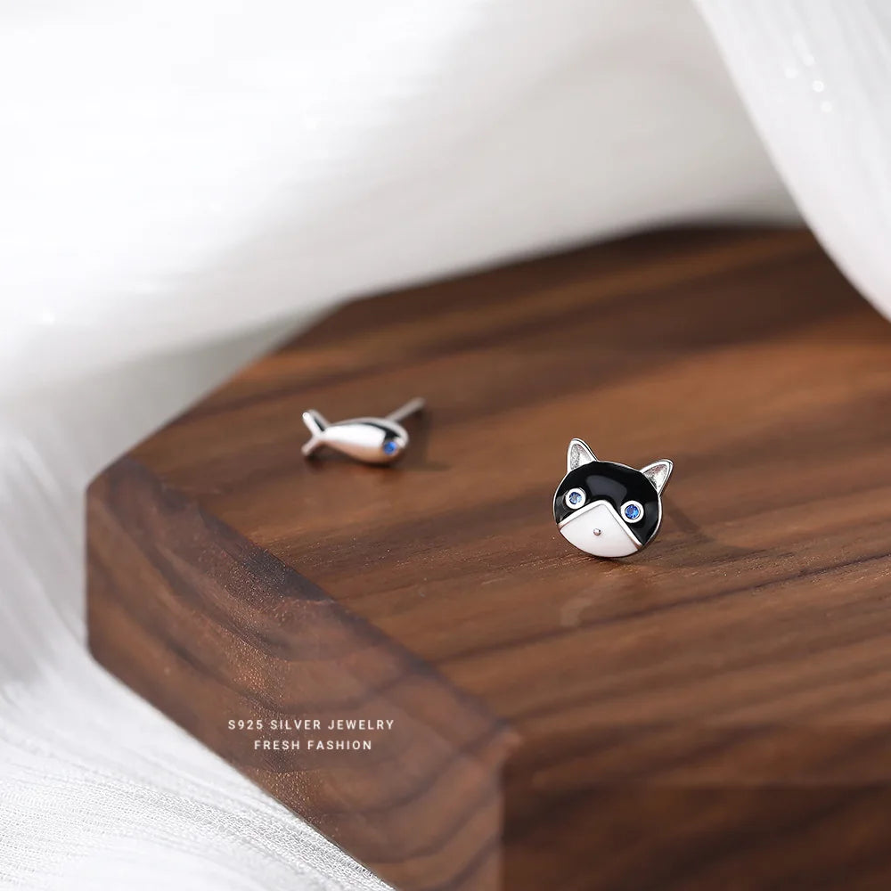 925 Sterling Silver Fish Cat Stud Earrings | Women's Wedding Luxury Piercing Jewelry