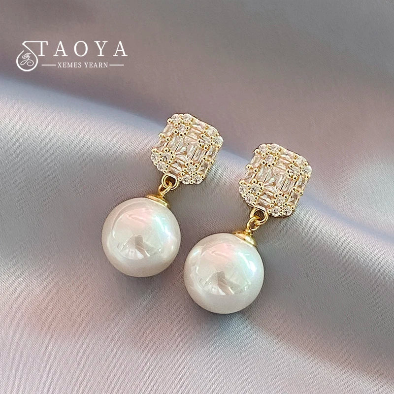 Gold Tone Pearl Drop Earrings | Shiny Crystal Pendant Jewelry