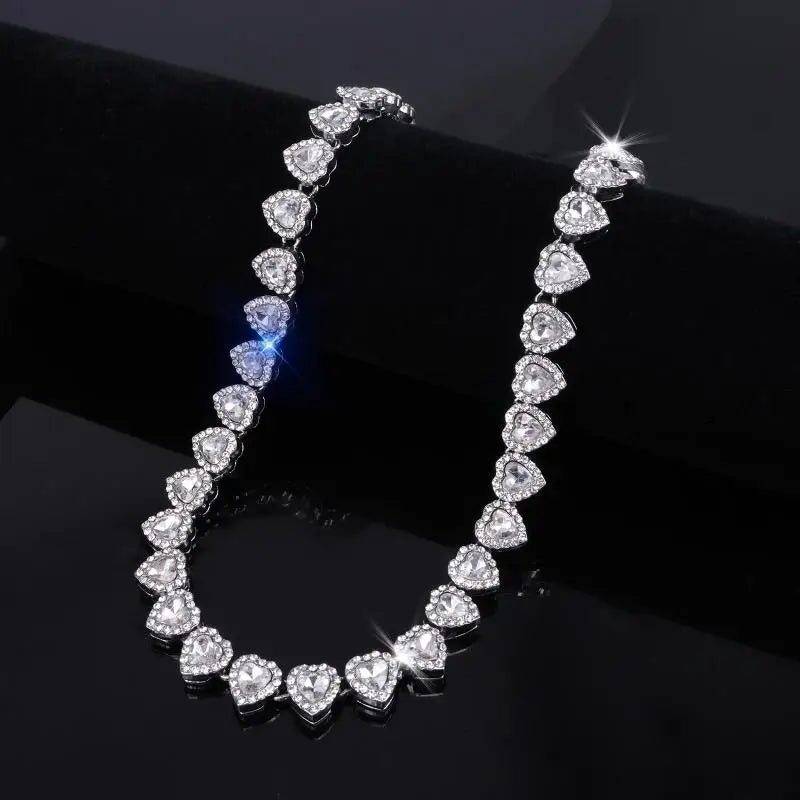 Shiny Heart Rhinestone Hip Hop Chain Necklace and Bracelet Set | Hip Hop Jewelry