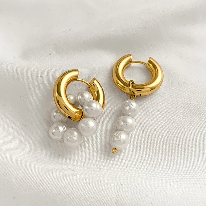 Trendy Asymmetry Pearl Drop Earrings | Stainless Steel Huggie Hoops for Women