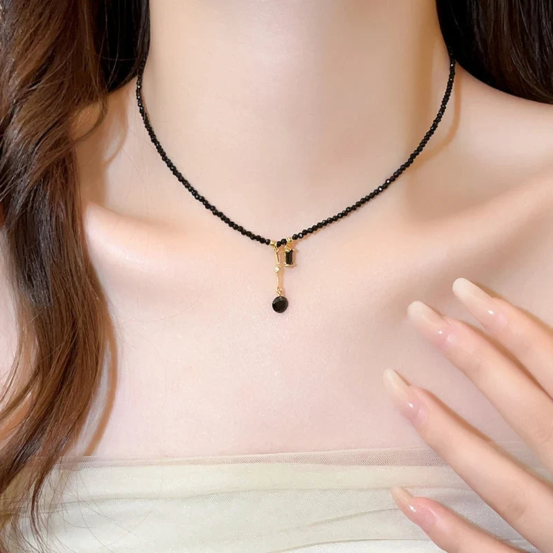 Black Crystal Bead Tassel Necklace | Trendy Collarbone Chain