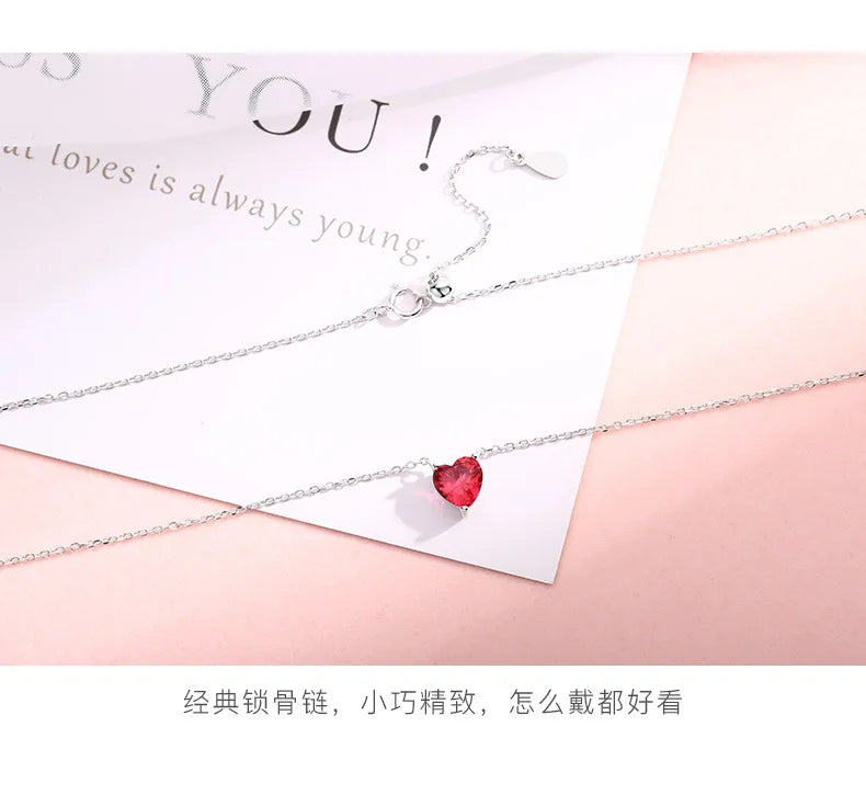Silver Plated Red Zircon Heart Pendant Necklace | Women's Charm Jewelry