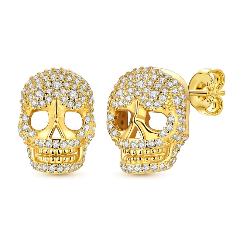 925 Sterling Silver Skull Stud Earrings | Shiny Gold Finish for Women