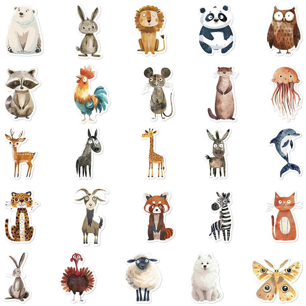 50 Pcs Quirky Watercolor Animal Cartoon Stickers | DIY Decals for Luggage, Laptops & Journals