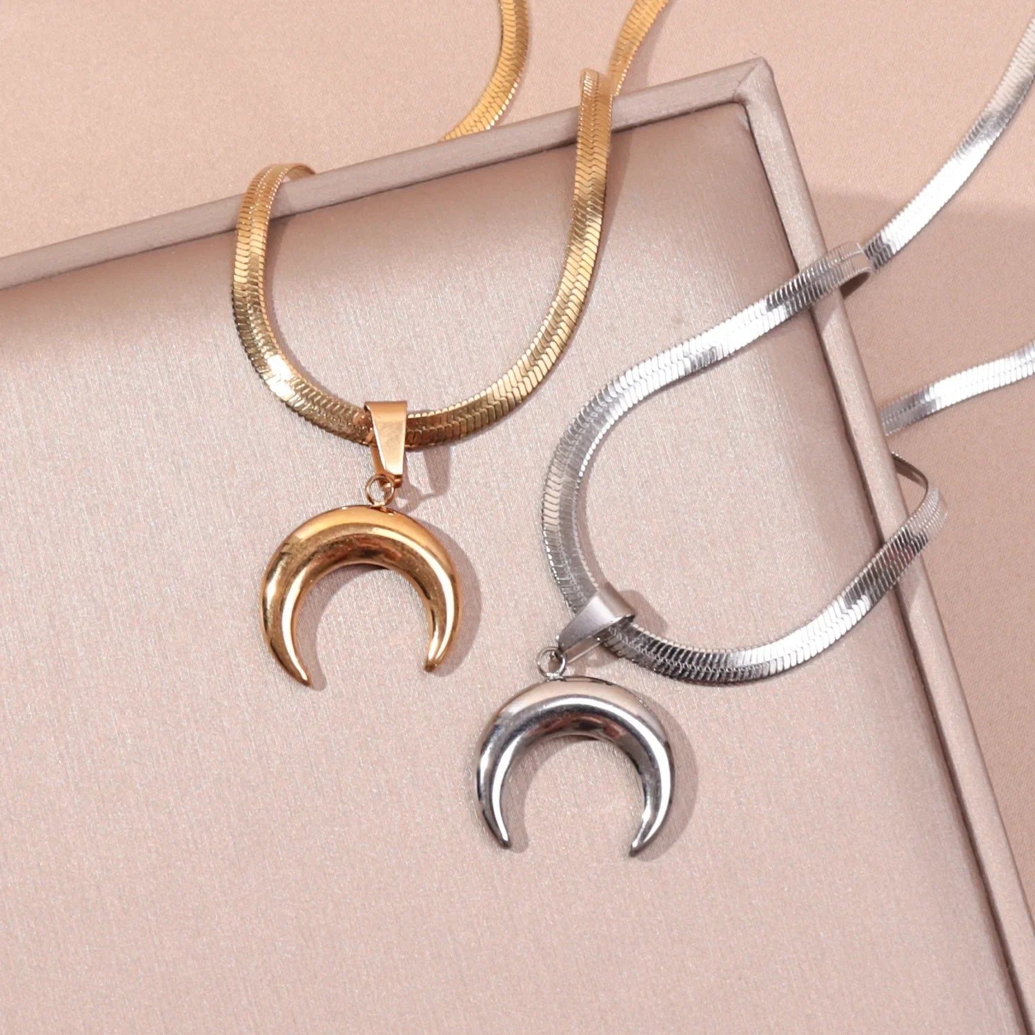 Stainless Steel OX Moon Necklace | Gold Plated Half Moon Blade Pendant