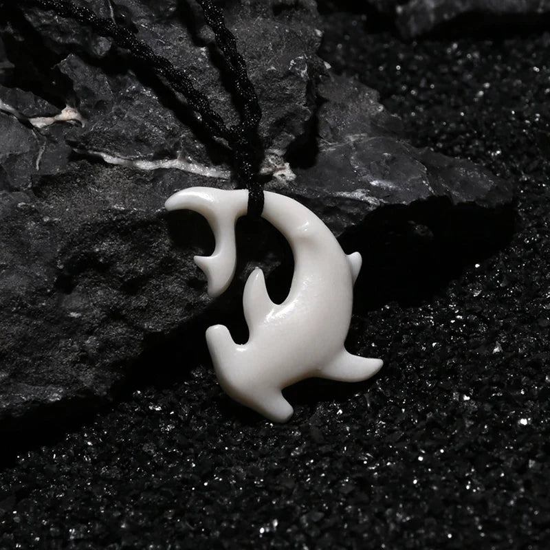 Tribal Hammerhead Shark Bone Pendant Necklace | Hand Carved Maori Amulet Jewelry
