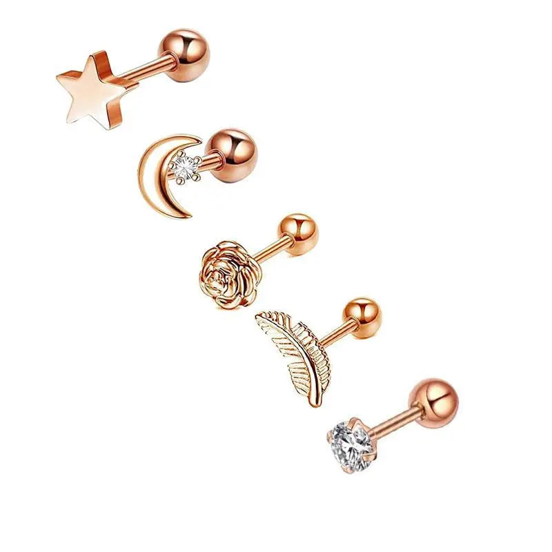 5PCS Heart Tragus Piercing Stud Earring Set | Small Lobe Stud Earrings Cartilage Piercing Helix Jewelry Barbell Stud Piercing Lot