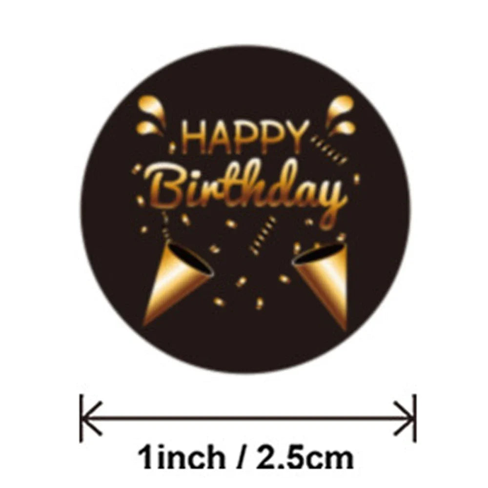 100-500pcs Black Gold Happy Birthday Stickers | Round Party Stickers for Gift Bags and Cards