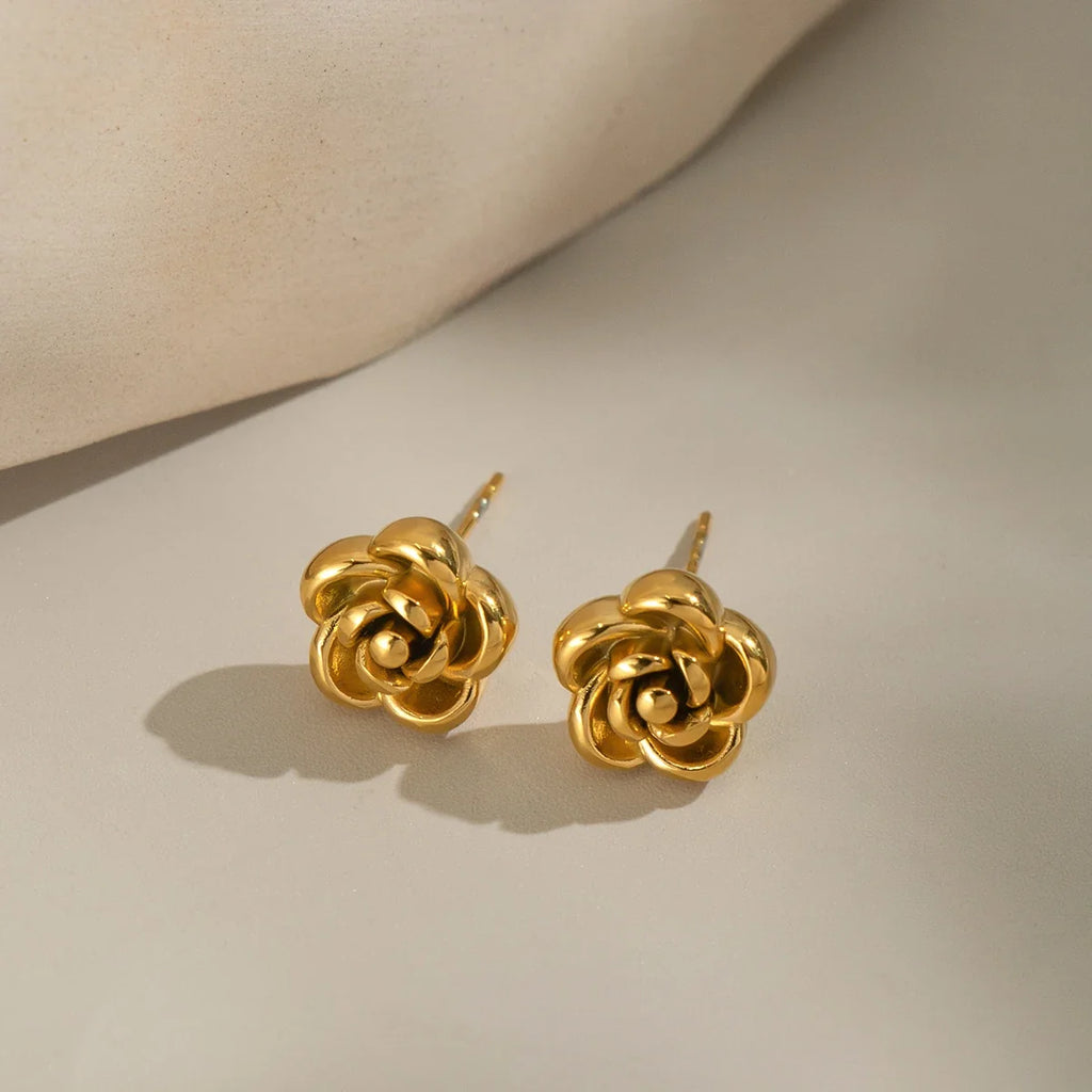 Rose Flower Stud Earrings | 18K Gold Plated Stainless Steel Daily Jewelry for Women
