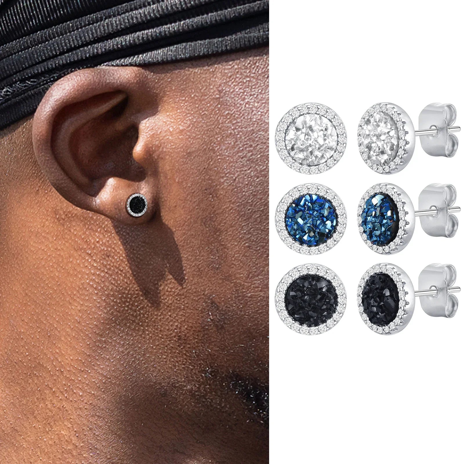 Shattered Zircon Stud Earrings for Men Boys | Hypoallergenic Round Minimalist Jewelry Gift