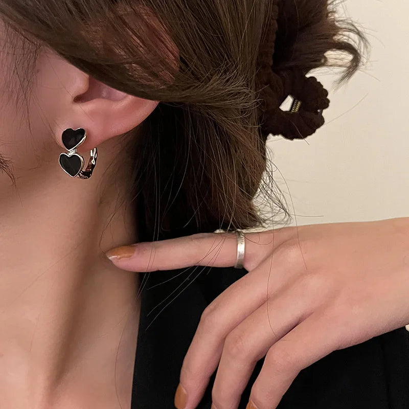 Vintage Goth Black Enamel Heart Stud Earrings | Dark Aesthetic Hollow Metal C-Shaped Jewelry