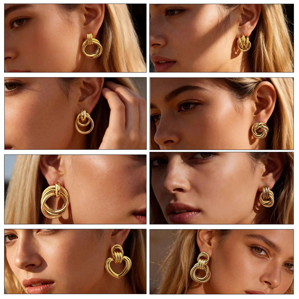 18K Gold Twist Knot Stud Earrings | Geometric Textured Screw-Back Earrings for Women