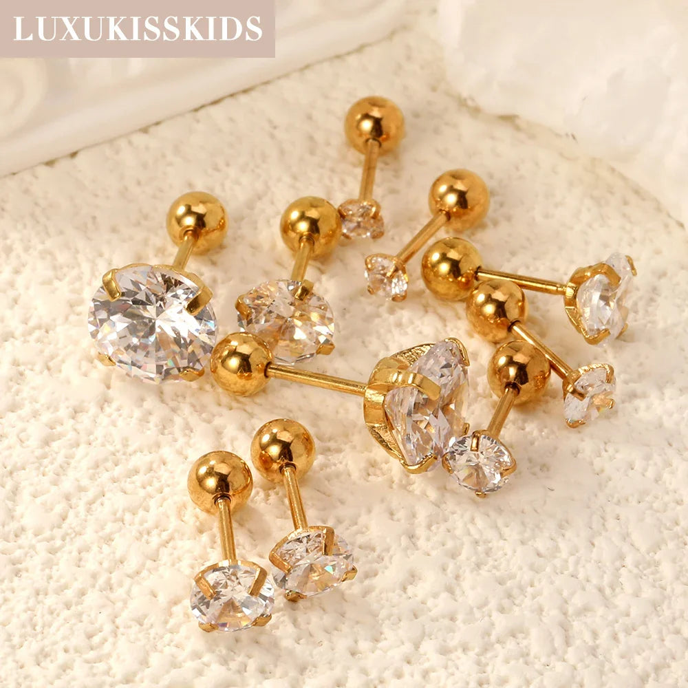 Crystal Round Stud Earrings for Men | Surgical Steel Screw Back Earrings