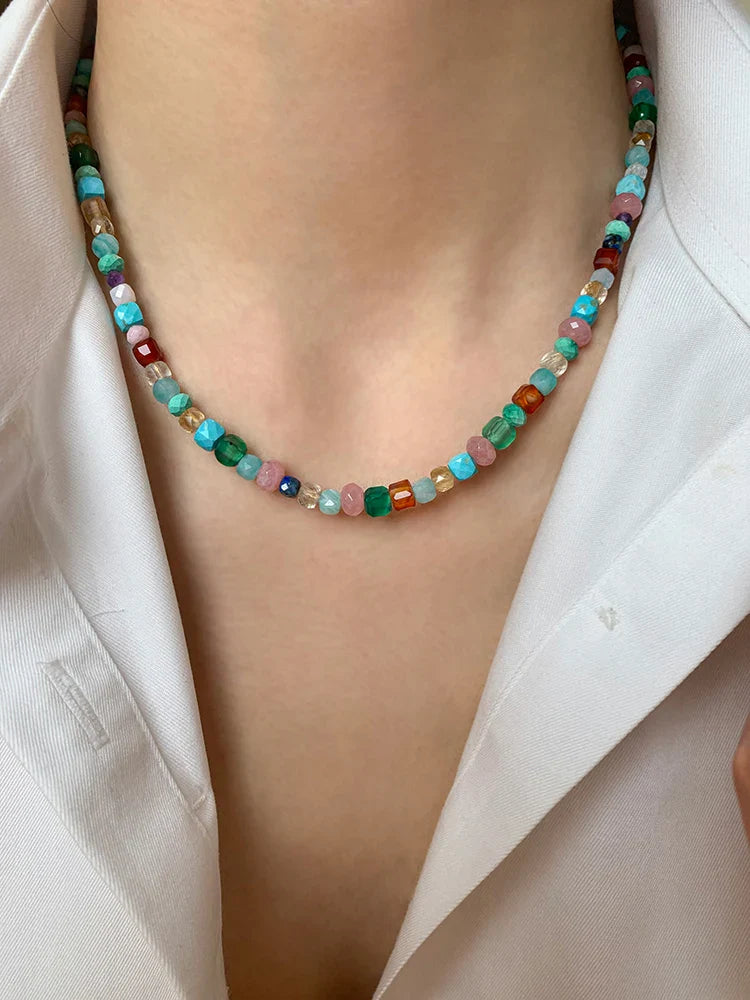 Imitate Colorful Natural Stone Beaded Necklace | Women's Sweet Fashion Jewelry Set with Pendant