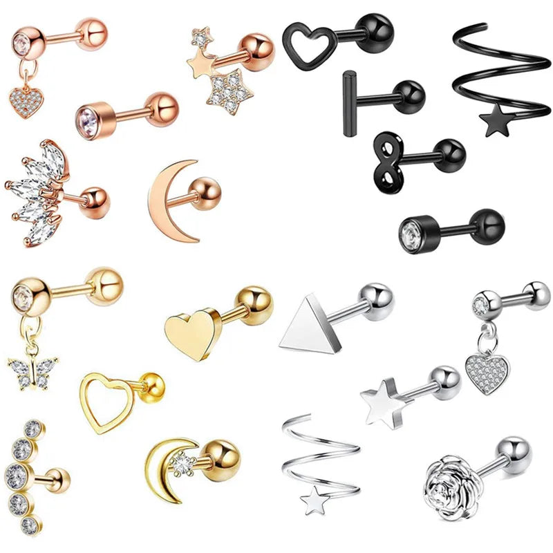 5PCS Heart Tragus Piercing Stud Earring Set | Small Lobe Stud Earrings Cartilage Piercing Helix Jewelry Barbell Stud Piercing Lot