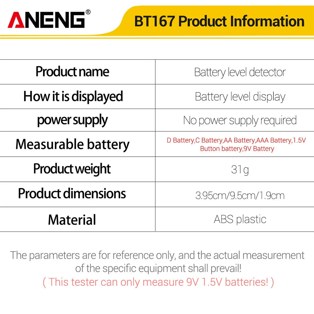 ANENG BT167 Battery Level Detector | Multifunctional Battery Tester for 1.5V and 9V Batteries