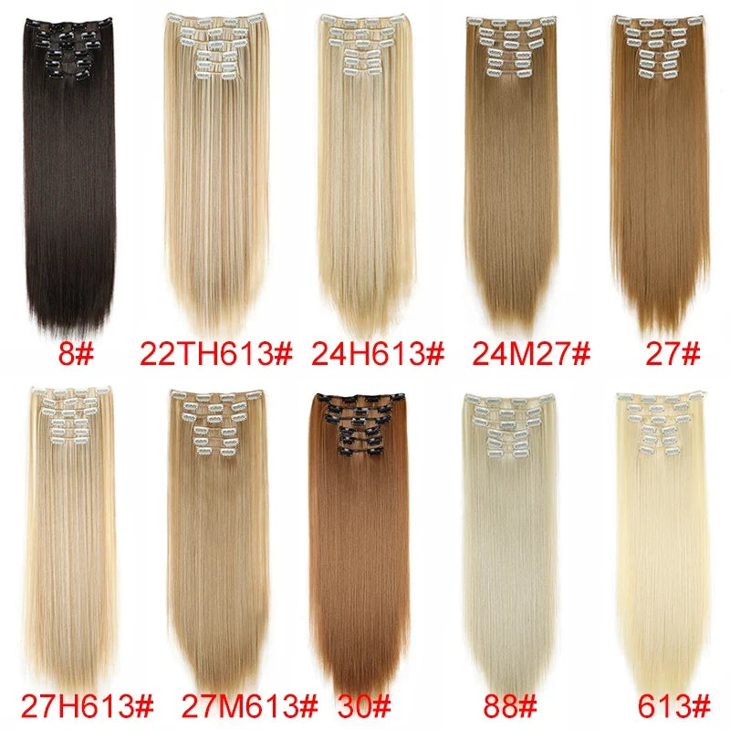 Synthetic 24 Inch Clip In Hair Extensions | Long Straight Blonde Black Heat Resistant Daily Use