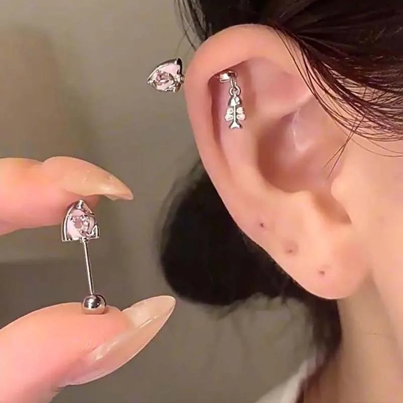 Stainless Steel Pink Zircon Ear Bone Nail | Geometric Stud Earrings for Women
