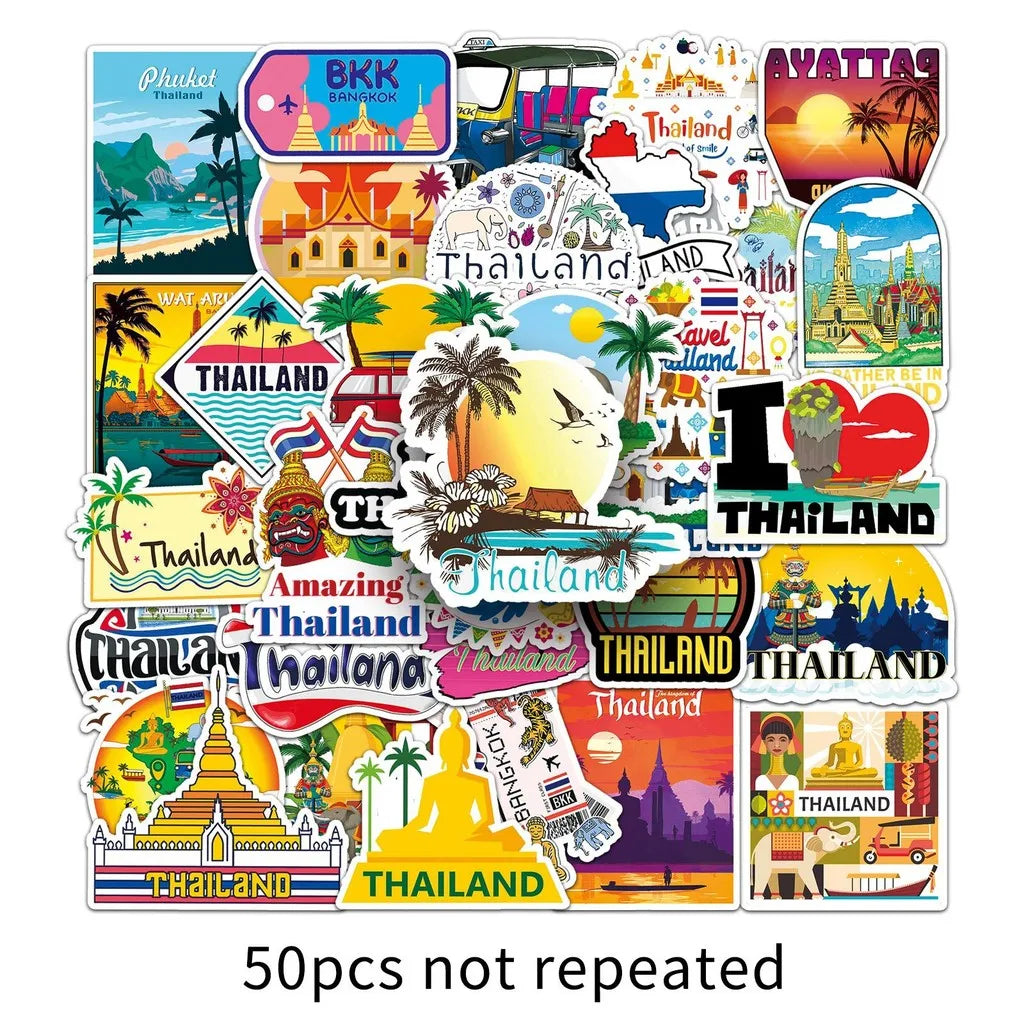 Thai Scenery Graffiti Stickers 50 Pack | Travel-Themed Decals for Laptops and Phones