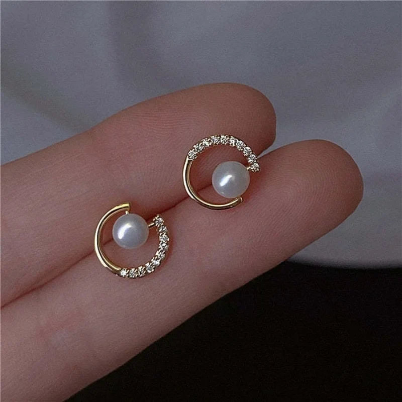 Geometric Pearl Stud Earrings | Fashion Round Zircon Earrings