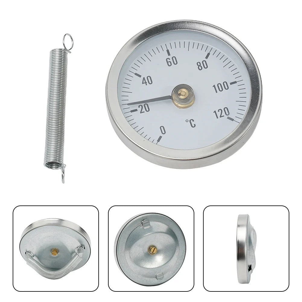 0-120°C Stainless Steel Clamp-on Tube Thermometer | Industrial Pipe Temperature Gauge with Spring