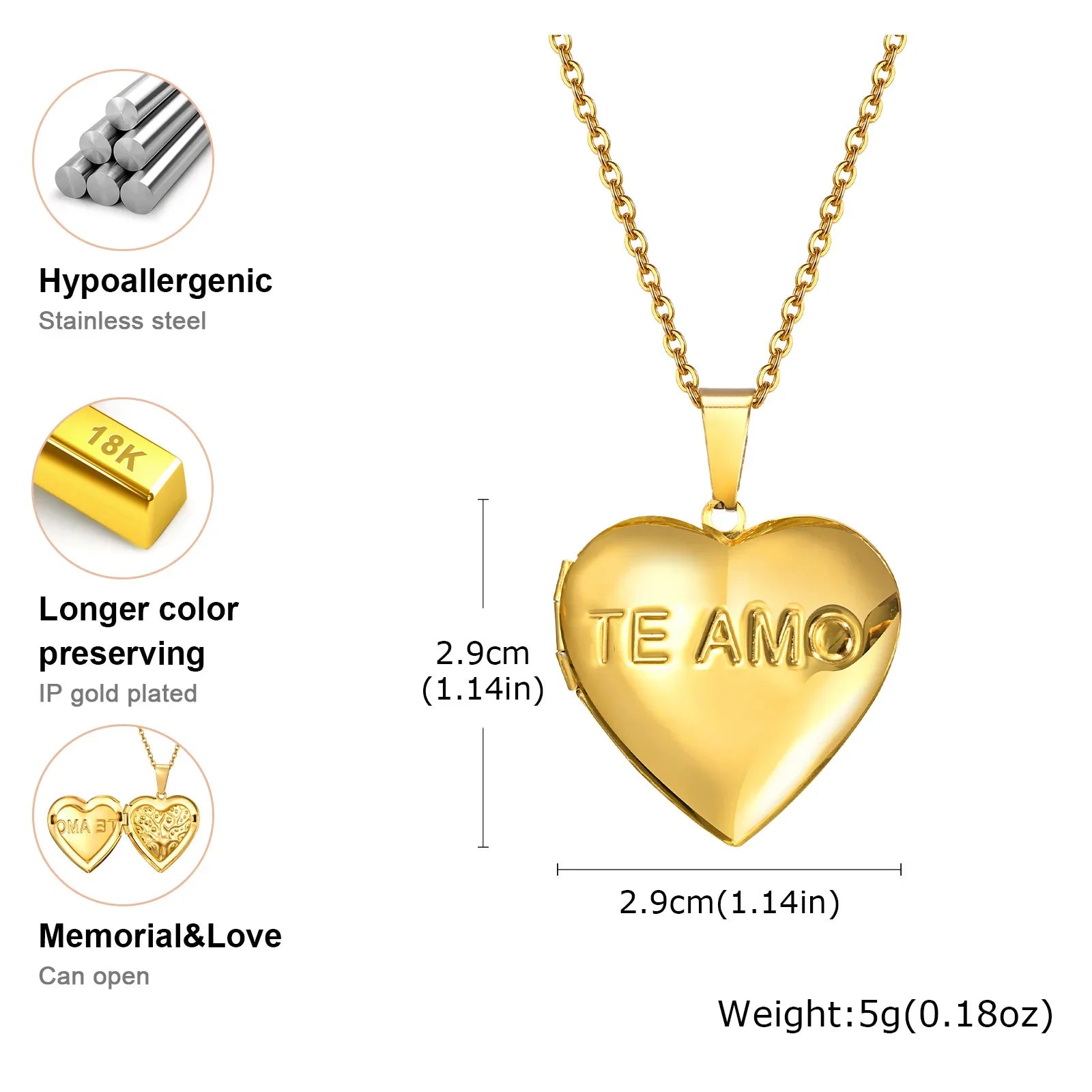 Gold Heart Locket Necklace with Photo Frame | Stainless Steel Jewelry for Women