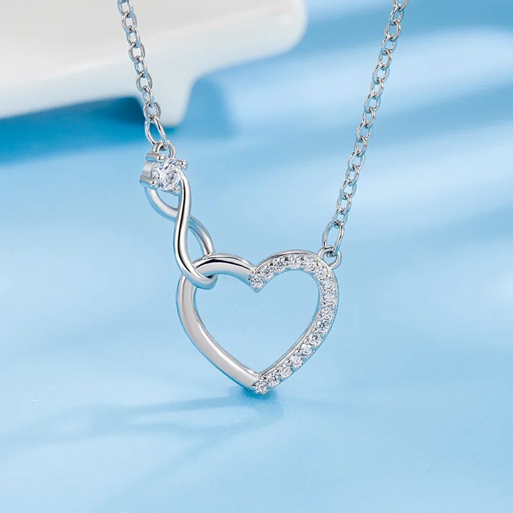 925 Sterling Silver Zircon Heart Interlocking Necklace | Luxury Fine Jewelry for Women