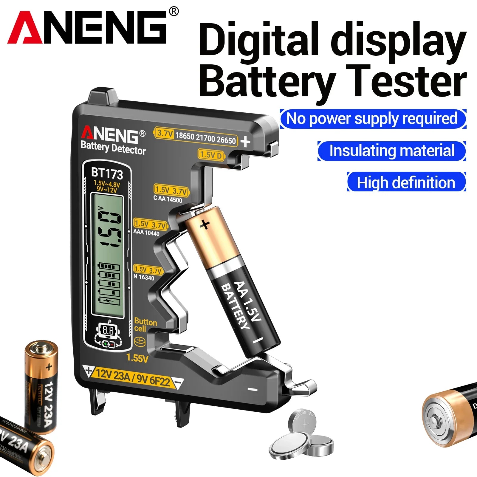 ANENG BT173 Universal Digital Battery Tester | 18650/AA/AAA/9V/12V Button Battery Level Display Tool