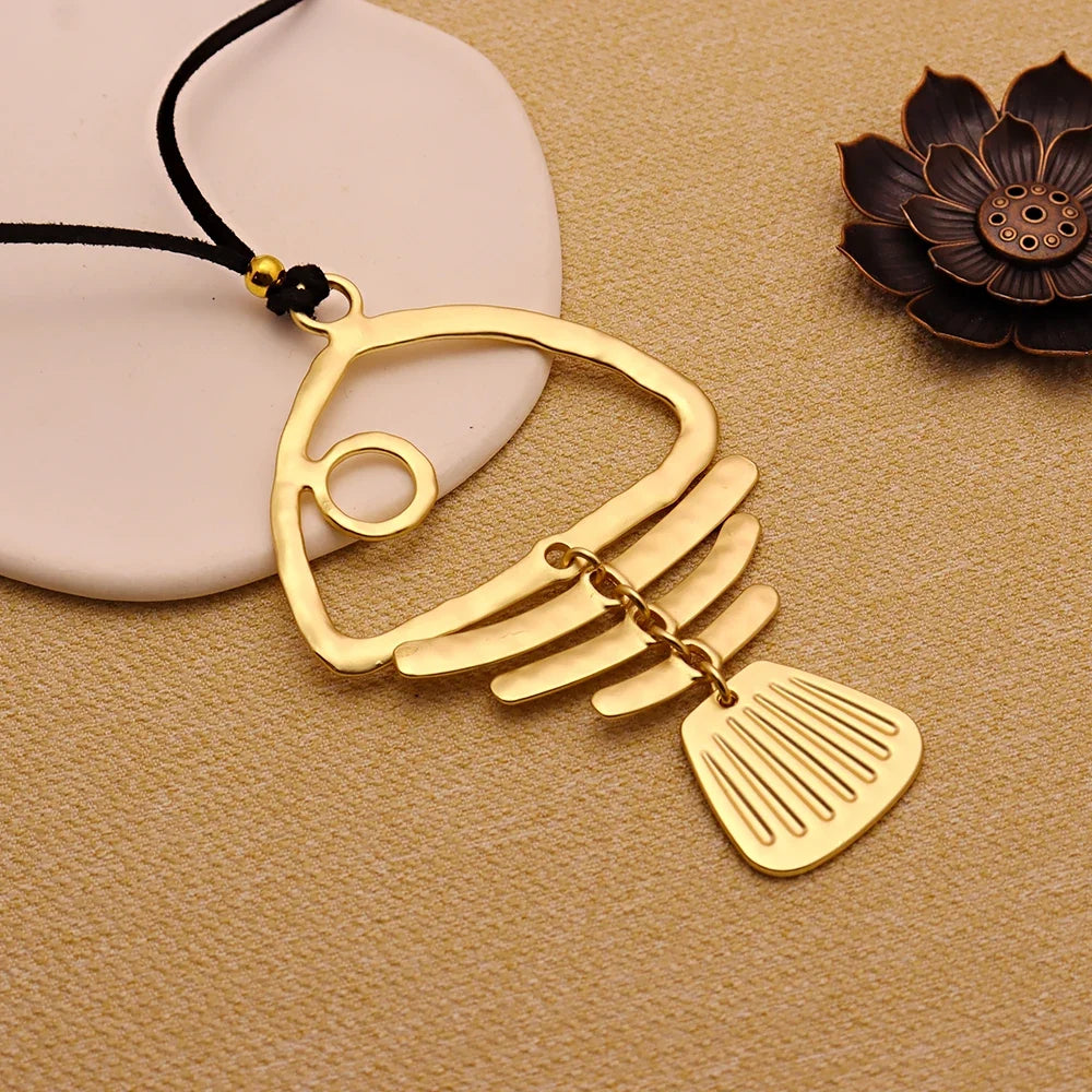 Matte Golden Fishbone Pendant Necklace | Bohemian Punk Long Chain for Women