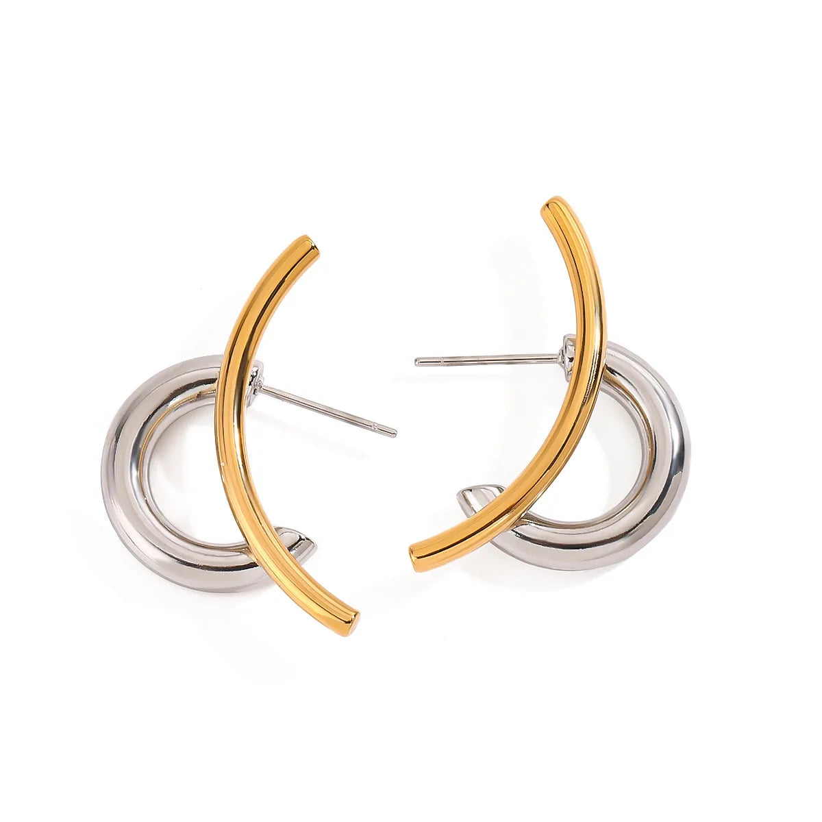Gold Silver Irregular C-Shape Stud Earrings | Stainless Steel Bicolor Geometric Jewelry