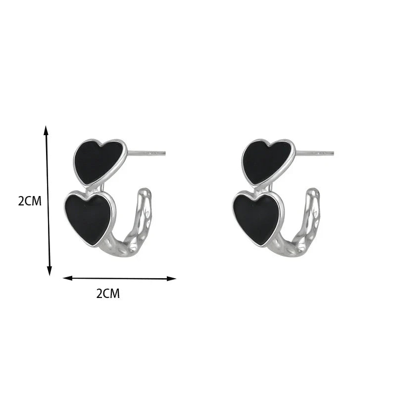Vintage Goth Black Enamel Heart Stud Earrings | Dark Aesthetic Hollow Metal C-Shaped Jewelry