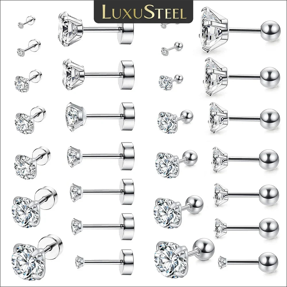LUXUSTEEL Stainless Steel Round Cubic Zirconia Stud Earrings | Silver Screw-Back Earrings for Women