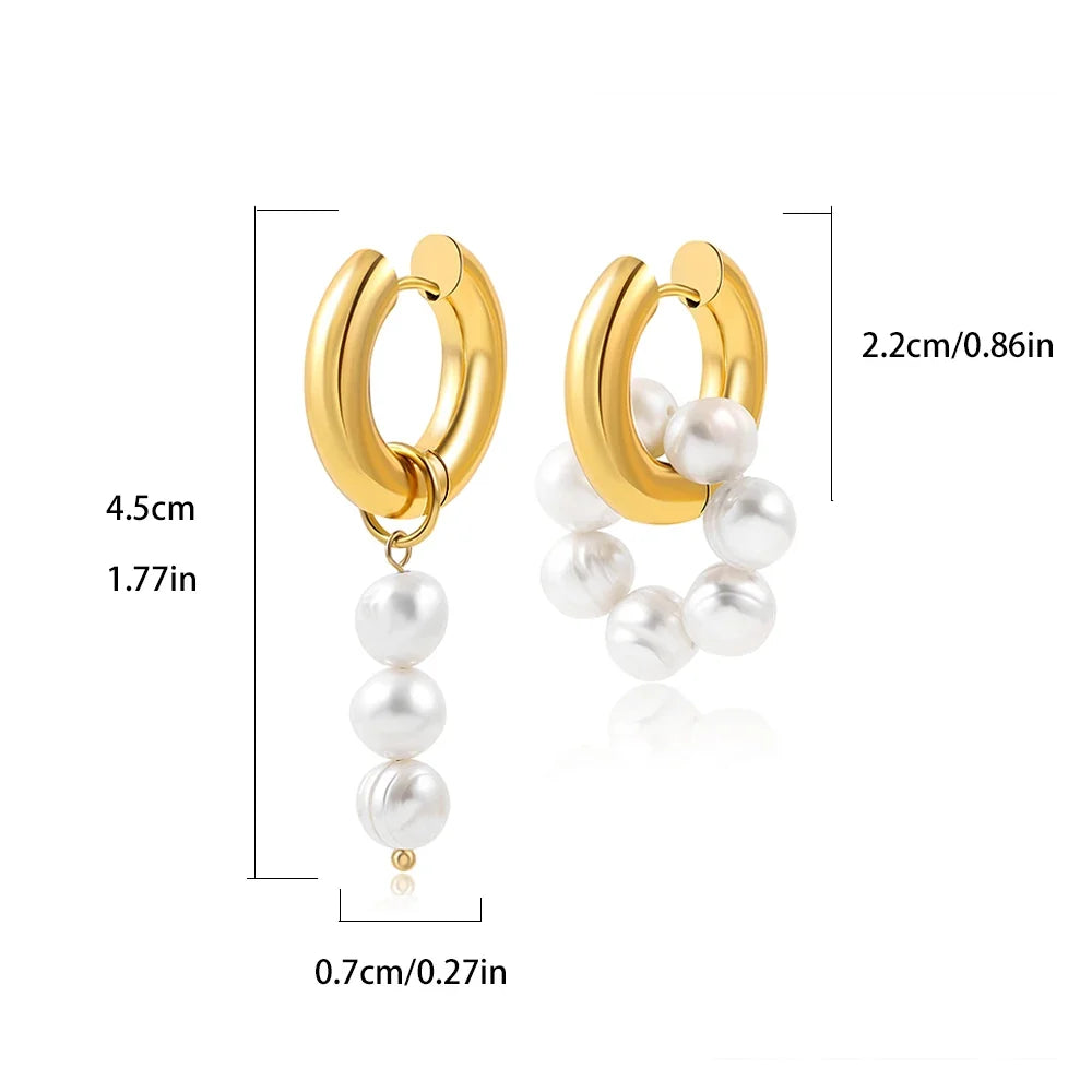 Trendy Asymmetry Pearl Drop Earrings | Stainless Steel Huggie Hoops for Women