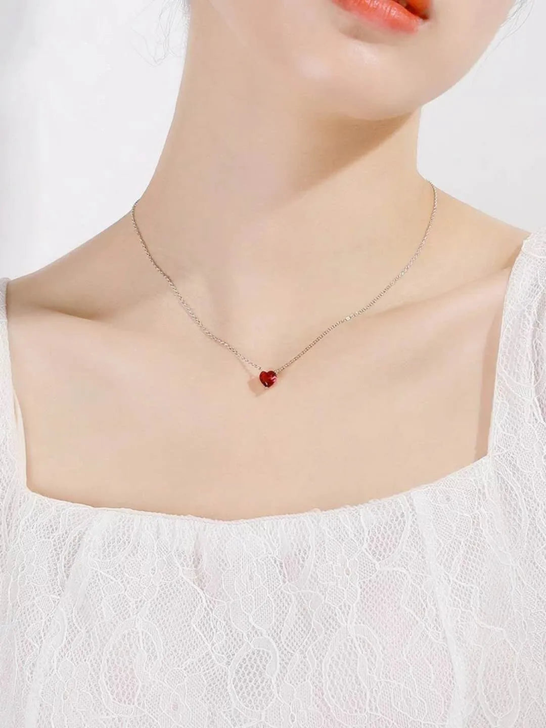 Silver Plated Red Zircon Heart Pendant Necklace | Women's Charm Jewelry